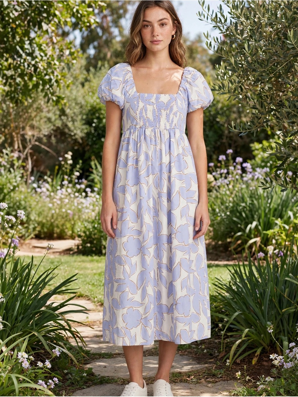 Square Neck Puff Sleeve Midi Dress in Lavender Floral
